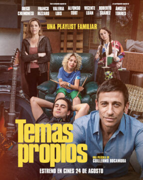 Póster de la película "Temas Propios" con un elenco de seis personas, incluyendo un hombre sonriente en primer plano.