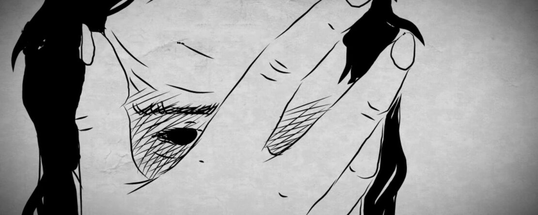 Ilustración en blanco y negro. Rostro cubierto por una mano.