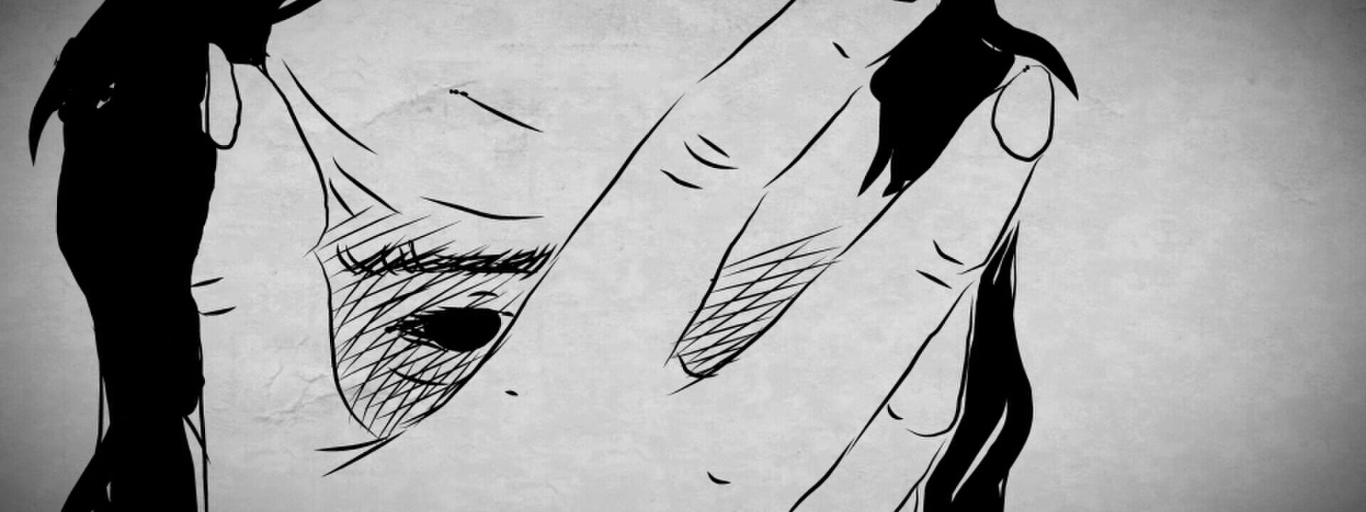 Ilustración en blanco y negro. Rostro cubierto por una mano.