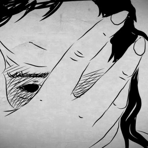 Ilustración en blanco y negro. Rostro cubierto por una mano.