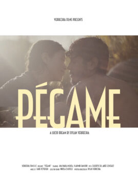 Cartel de "Pégame". Los personajes principales de Pégame, Ana a la izquierda y Vladi a la derecha, se van a besar mientras los rayos de sol crean hazes de luz.