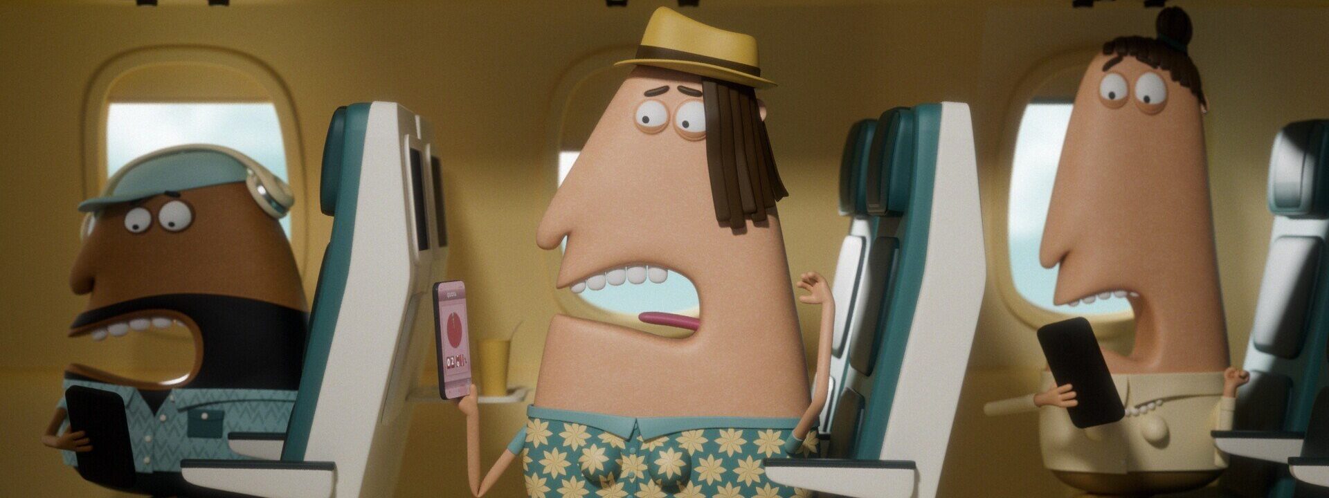 Personajes animados en un avión. Tres figuras con expresiones de sorpresa al mirar sus telefonos.