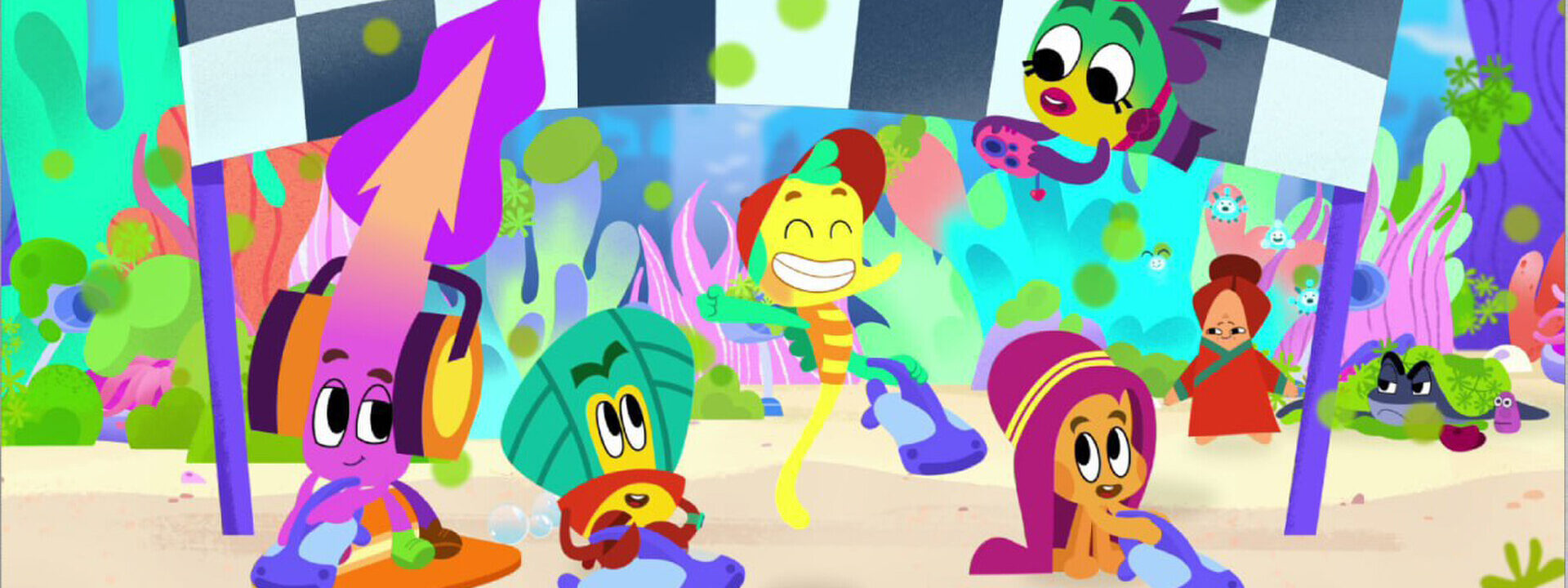 Varios animales acuáticos animados celebrando que han llegado al final de una meta.