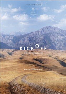 Cartel de saque inicial con un paisaje montañoso de Kirguistán y un camino de tierra en primer plano.