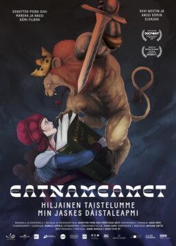 Cartel ilustrado del documental Eatnameamet donde una mujer sami sostiene un libro mientras una figura monstruosa con espada la amenaza.