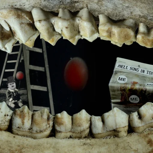 Imagen compuesta con una fila de dientes en primer plano que enmarcan una escena central en blanco y negro con personas reunidas alrededor de una figura con los brazos levantados.