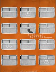 Póster de Sunshine Express en el que aparecen doce ventanas de un tren. En una de ellas, está la silueta de una persona.